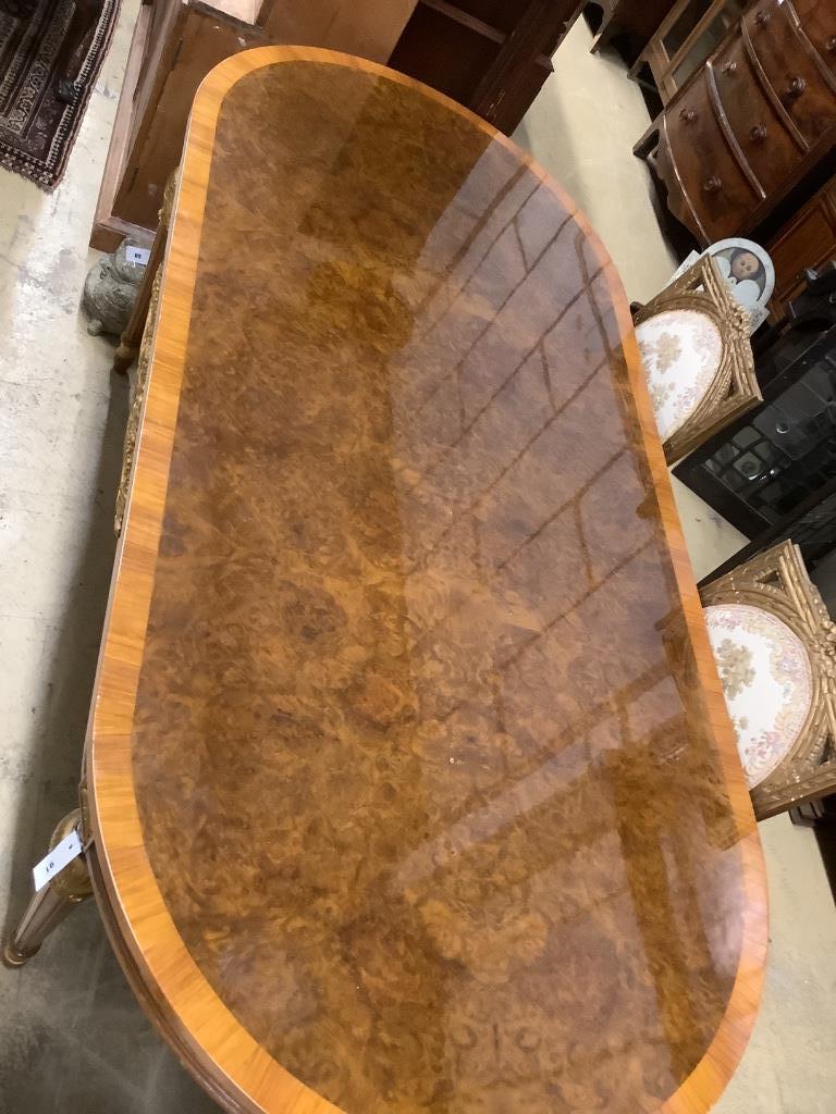 A French kingwood banded burr walnut dining table, length 220cm, depth 98cm, height 77cm